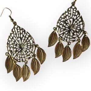 Dream-catcher with dangling leaves bronze-tone earrings